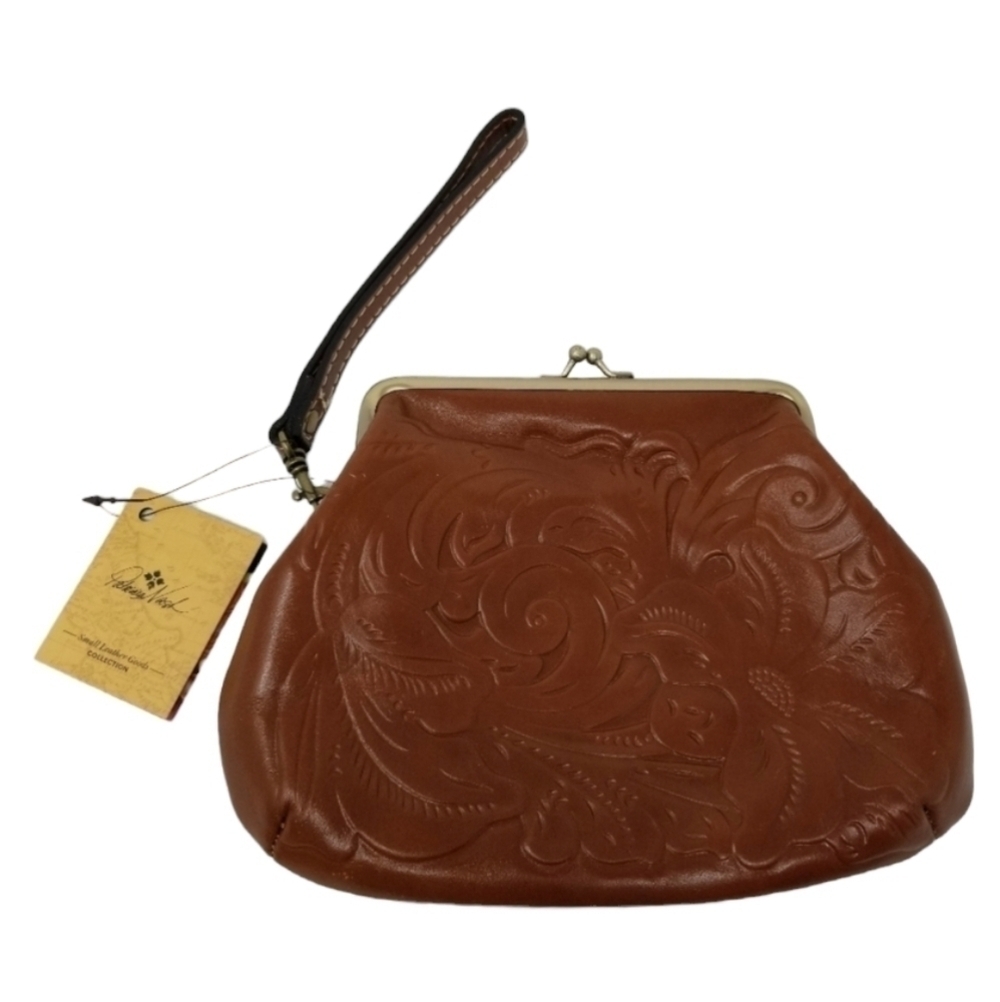 Patricia Nash Savena Wristlet Florence Tooled Leather Clutch Brass Kiss Lock
